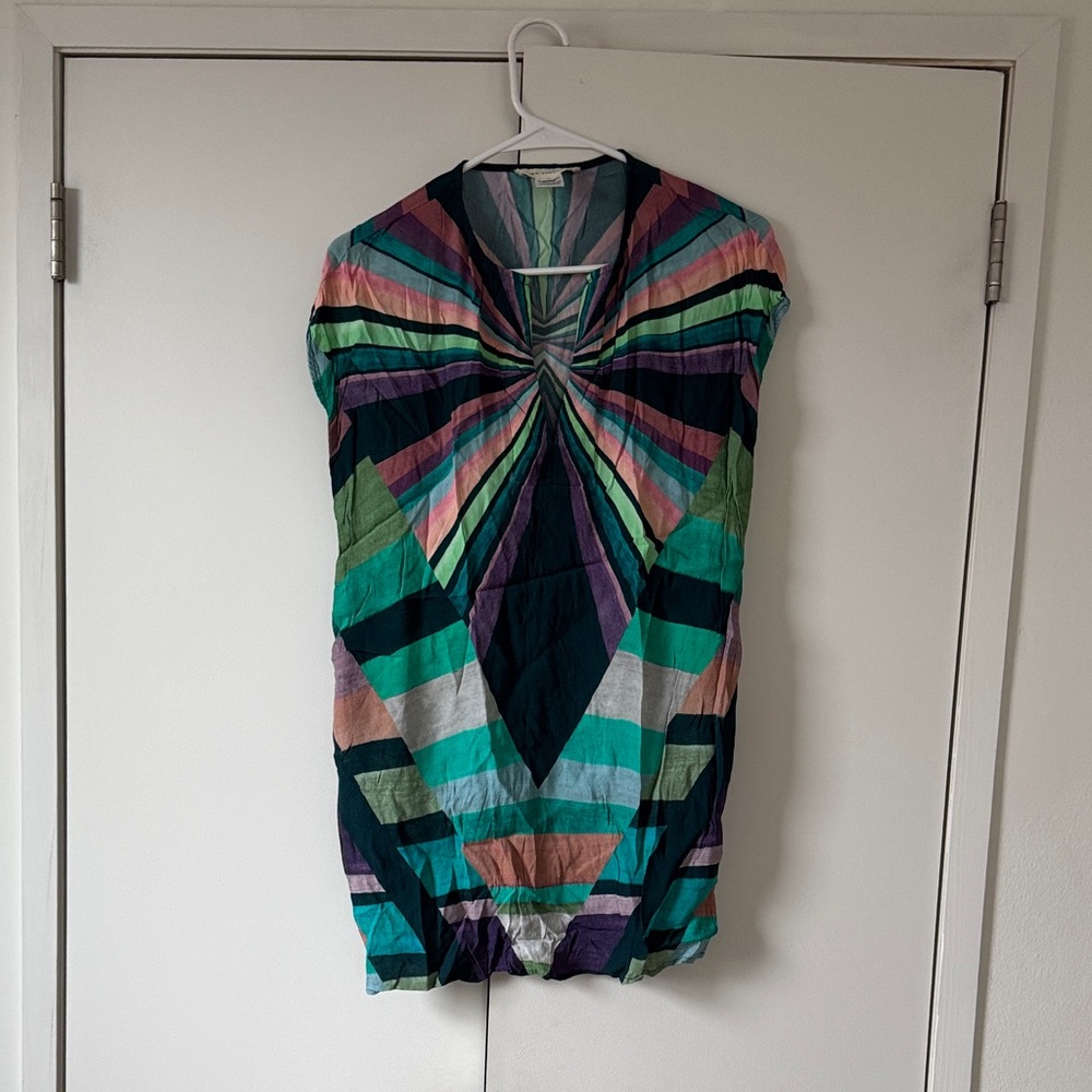 Mara Hoffman Multicolor Geometric Print Shift Dress – Cap Sleeve Statement Dress
